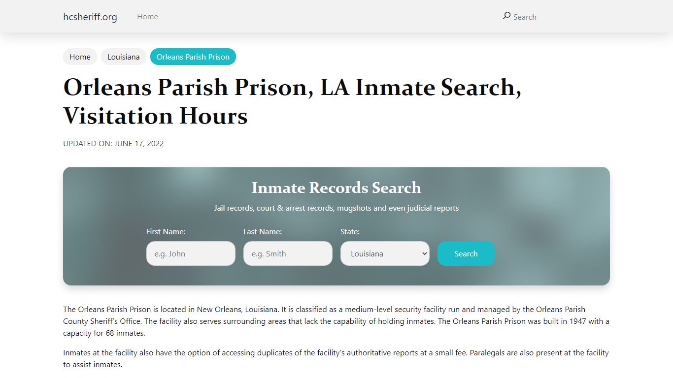 Orleans Parish Prison, LA Inmate Search, Visitation Hours